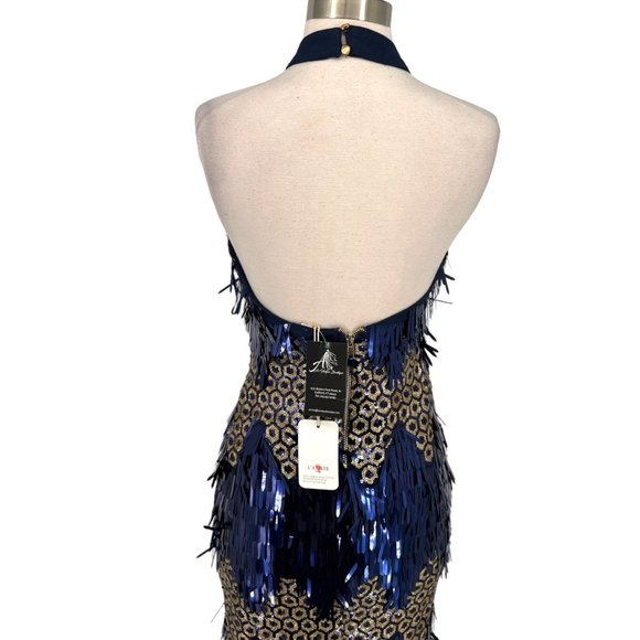 L'Atiste Metallic Halter Honeycomb Dress Blue Gold Size Medium NWT - Picture 6 of 11